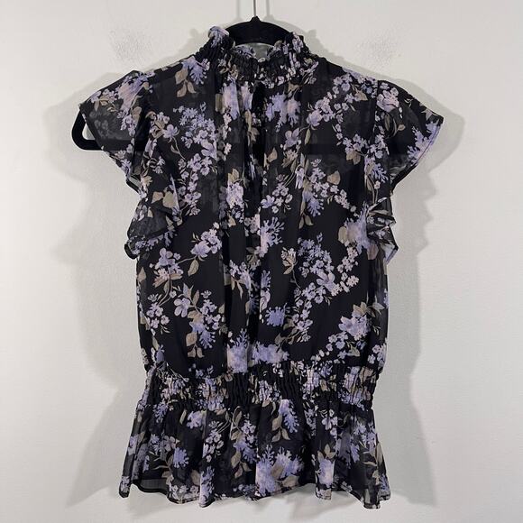 Great Jones Rent The Runway Black Floral Crinkle Chiffon Blouse Size XS - Picture 6 of 8